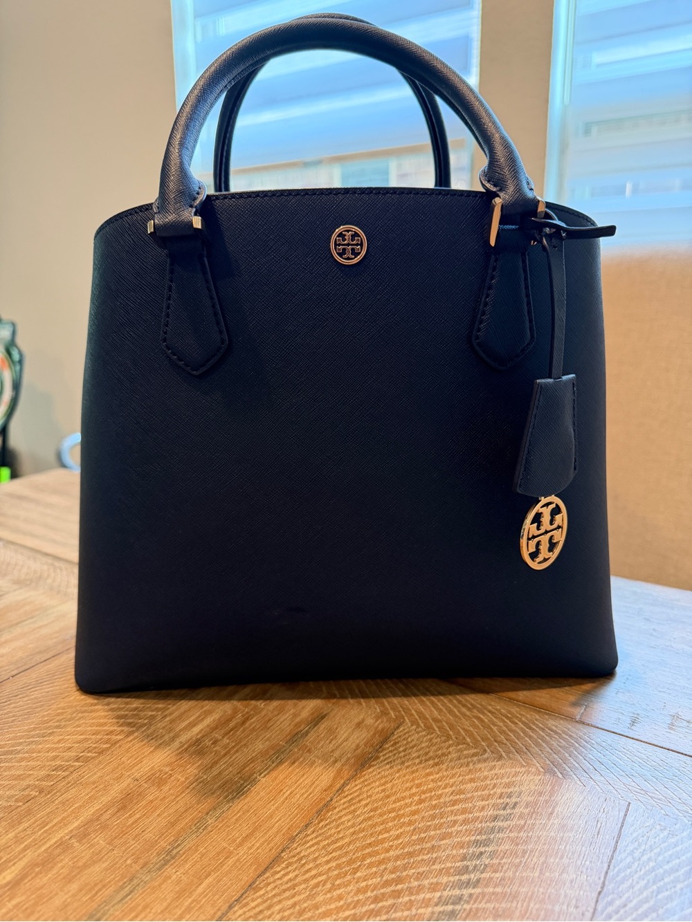 Tory Burch Navy Saffiano Double-Handle Satchel with Gold Logo Charm